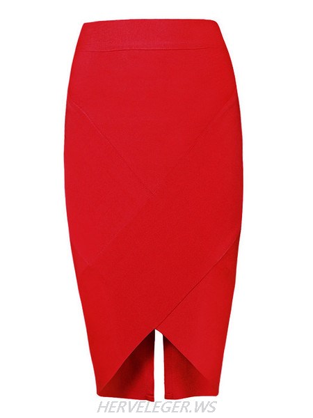 Herve Leger Red Asymmetric Hem Bandage Skirt