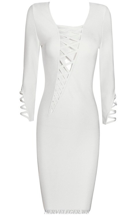 Herve Leger White Asymmetrical Lace Up Bandage Dress