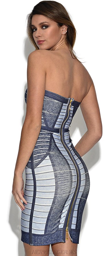 Herve Leger Blue Bandeau Denim Print Bandage Dress