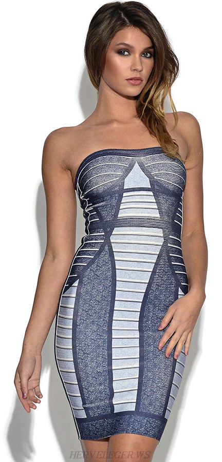 Herve Leger Blue Bandeau Denim Print Bandage Dress