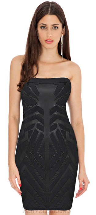 Herve Leger Black Bandeau Faux Leather Pattern Dress