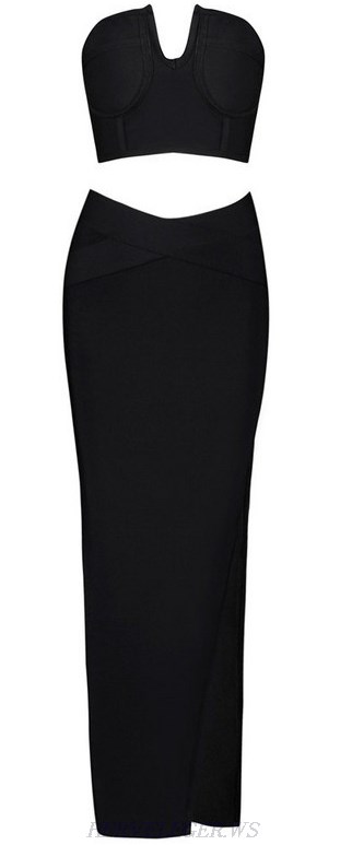 Herve Leger Black Bandeau Slit Maxi Two Piece Dress