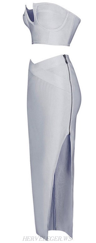 Herve Leger Grey Bandeau Slit Maxi Two Piece Dress