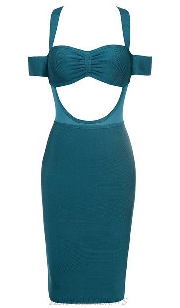 Herve Leger Turquoise Bardot Cut Out Mesh Dress