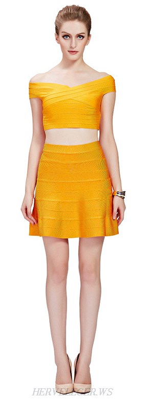 Herve Leger Yellow Bardot Skater Two Piece Bandage Dress