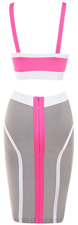 Herve Leger Pink Grey Colour Block Cutout Two Piece Bandage Dress