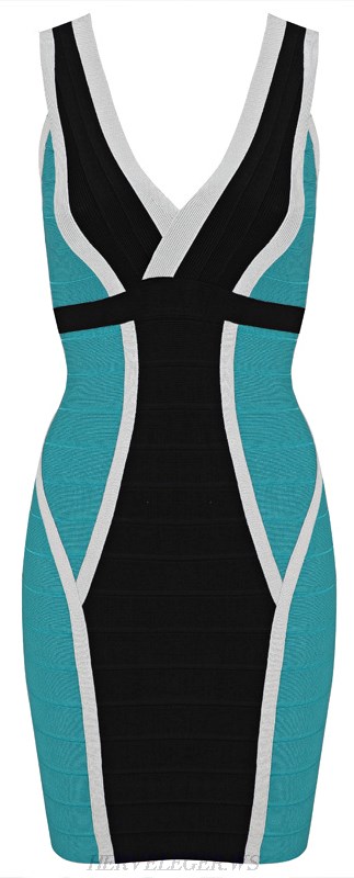 Herve Leger Green Contrast Panel Bandage Dress