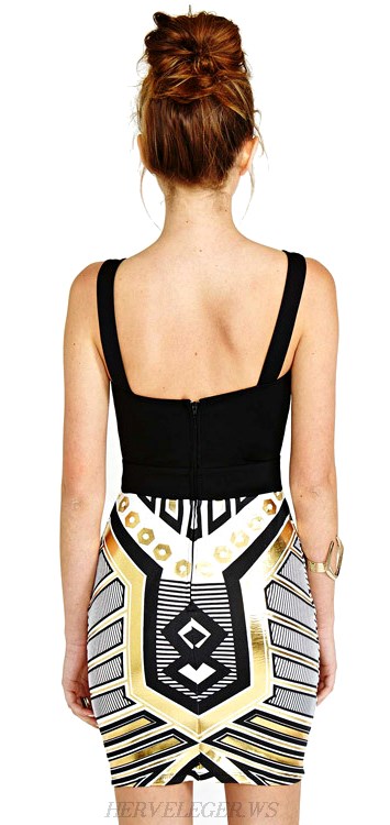 Herve Leger Cut Out Contrast Geo Print Bandage Dress