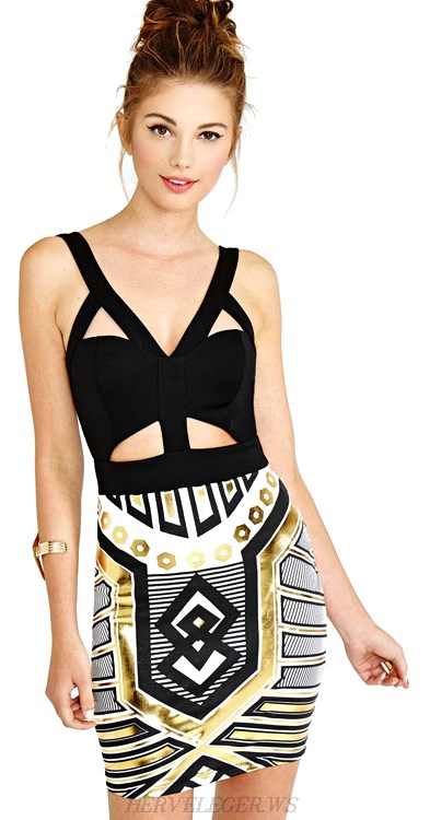 Herve Leger Cut Out Contrast Geo Print Bandage Dress