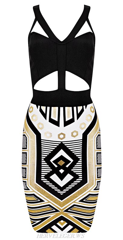 Herve Leger Cut Out Contrast Geo Print Bandage Dress