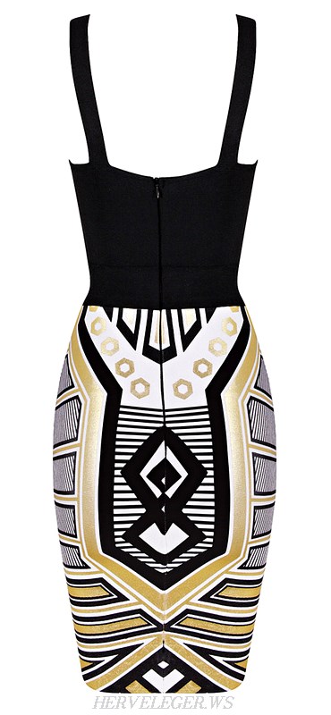 Herve Leger Cut Out Contrast Geo Print Bandage Dress