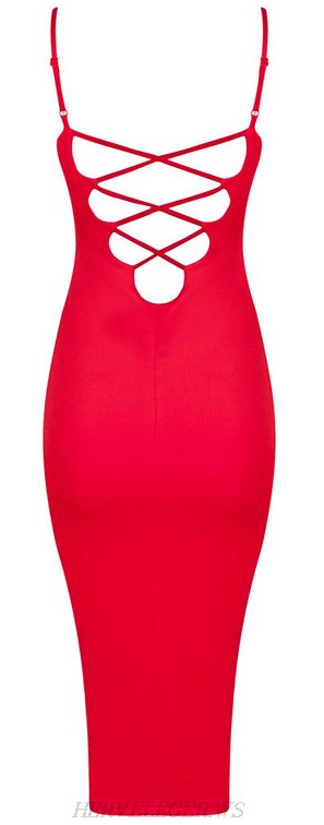 Herve Leger Red Cut Out Lace Up Dress