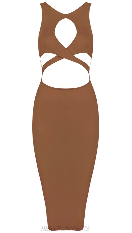 Herve Leger Brown Cut Out Bandage Dress