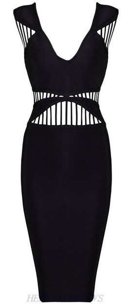 Herve Leger Black Cut Out V Neck Bandage Dress