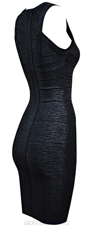 Herve Leger Black Empire Woodgrain Print Bandage Dress