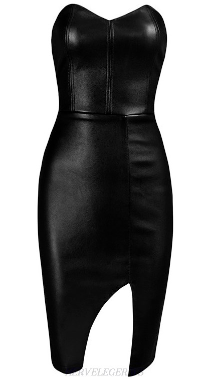 Herve Leger Black Faux Leather Asymmetrical Slit Strapless Dress