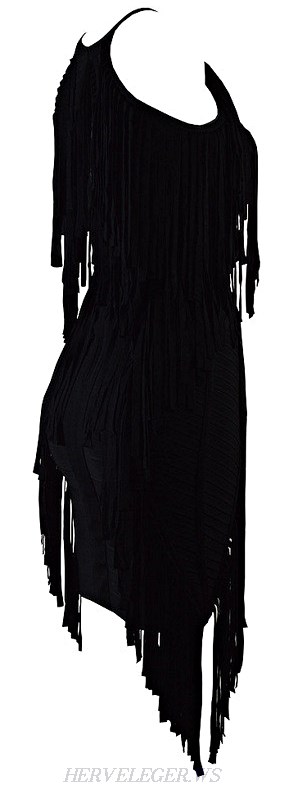 Herve Leger Black Fringed Asymmetrical Dress