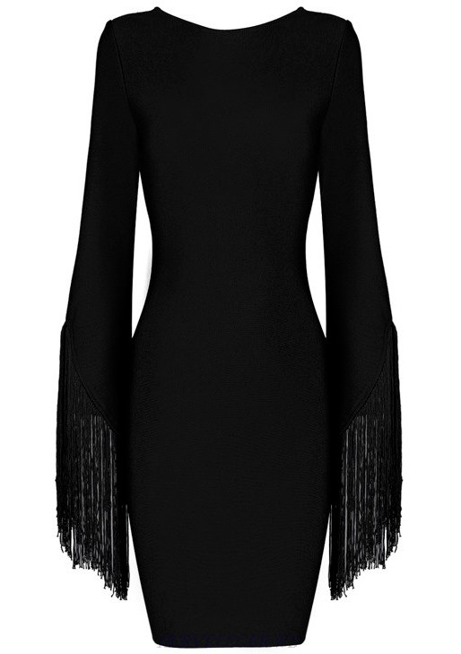 Herve Leger Black Fringed Sleeves Backless Bandage Dress