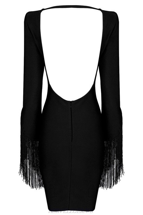 Herve Leger Black Fringed Sleeves Backless Bandage Dress