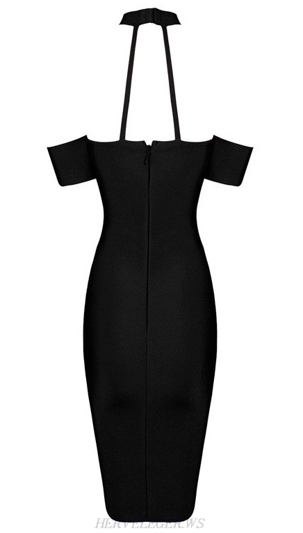 Herve Leger Black Halter Bardot Cut Out Bandage Dress