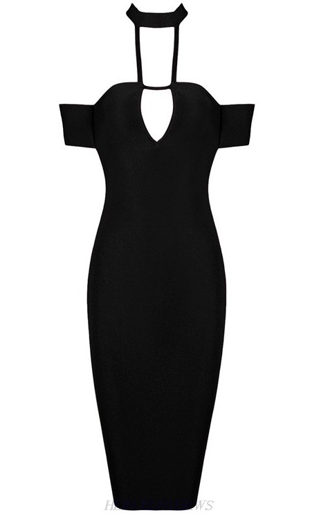 Herve Leger Black Halter Bardot Cut Out Bandage Dress