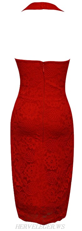 Herve Leger Red Halter Lace Bandage Dress