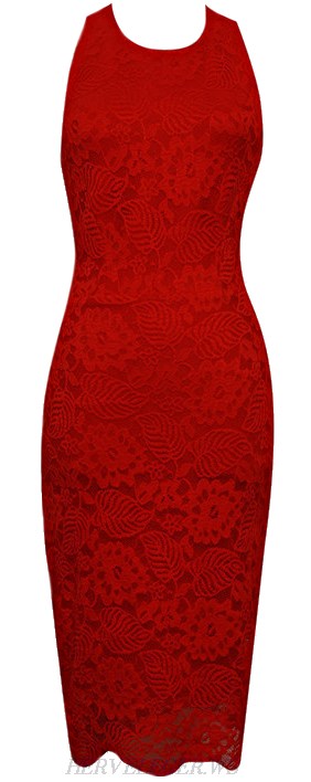 Herve Leger Red Halter Lace Bandage Dress