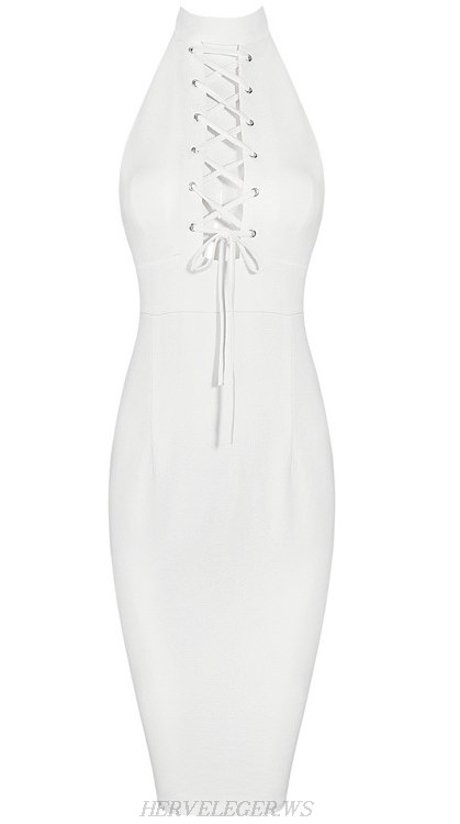 Herve Leger White Halter Lace Up Dress