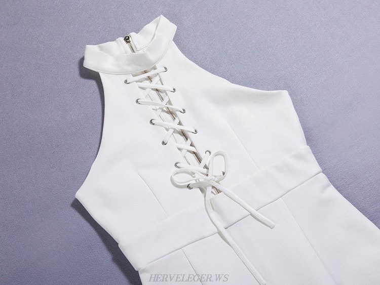 Herve Leger White Halter Lace Up Dress