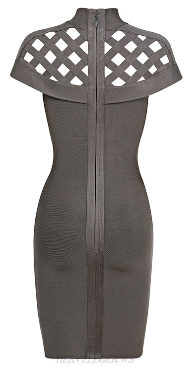 Herve Leger Grey High Neck Cap Sleeve Cut Out Bandage Dress