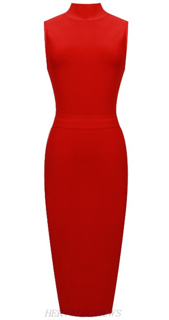 Herve Leger Red High Neck Bandage Dress