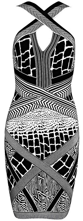 Herve Leger Monochrome Jacquard Halter Cutout Bandage Dress