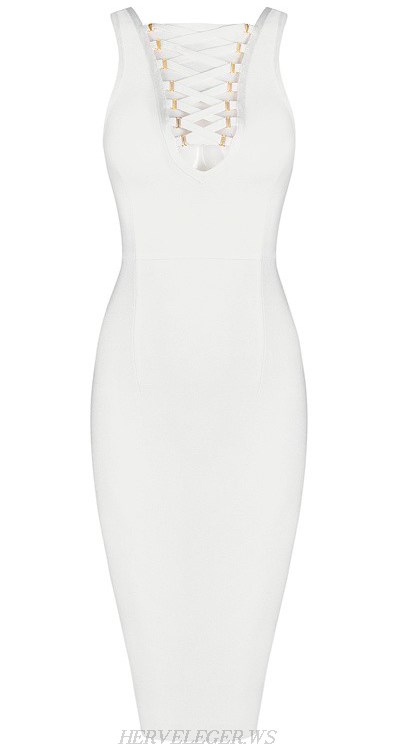 Herve Leger White Lace Up Dress