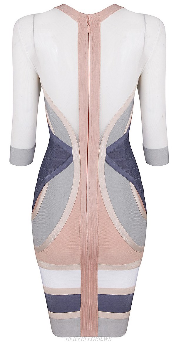 Herve Leger Pink And Grey Long Sleeve Colorblock Bandage Dress