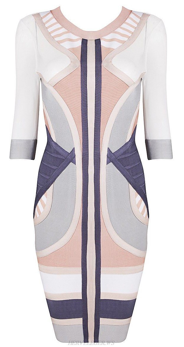 Herve Leger Pink And Grey Long Sleeve Colorblock Bandage Dress