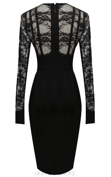 Herve Leger Black Long Sleeve Lace Dress