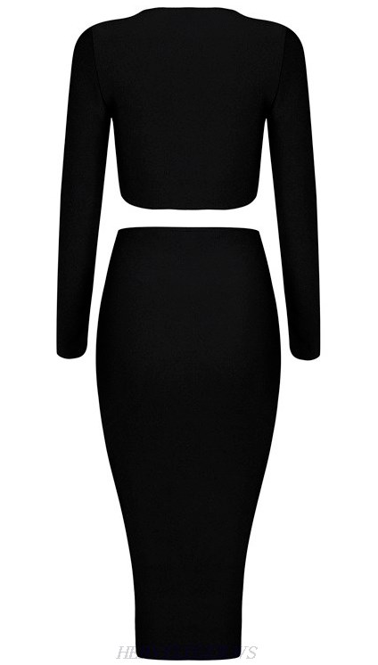 Herve Leger Black Long Sleeve Lace Up Two Piece Dress