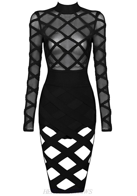 Herve Leger Black Long Sleeve Cut Out Dress