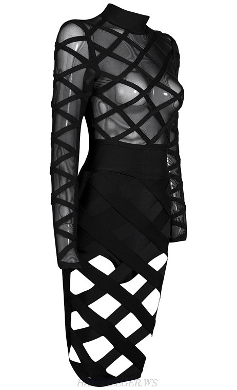 Herve Leger Black Long Sleeve Cut Out Dress