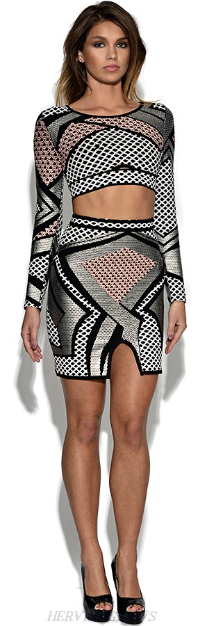 Herve Leger Long Sleeve Pattern Two Piece Bandage Dress