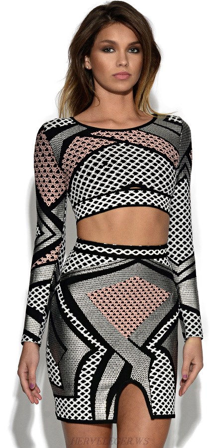 Herve Leger Long Sleeve Pattern Two Piece Bandage Dress