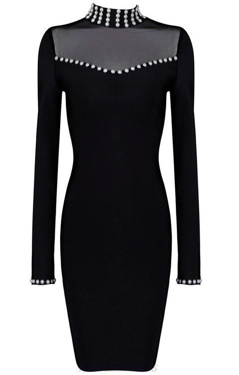 Herve Leger Black Long Sleeve Pearl Embellished Dress