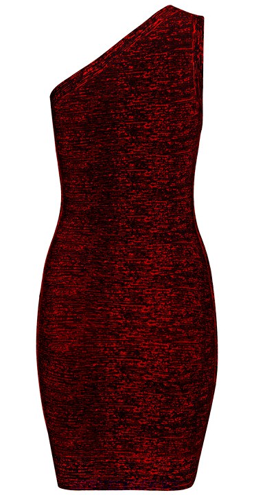 Herve Leger Black And Red One Shoulder Woodgrain Dress