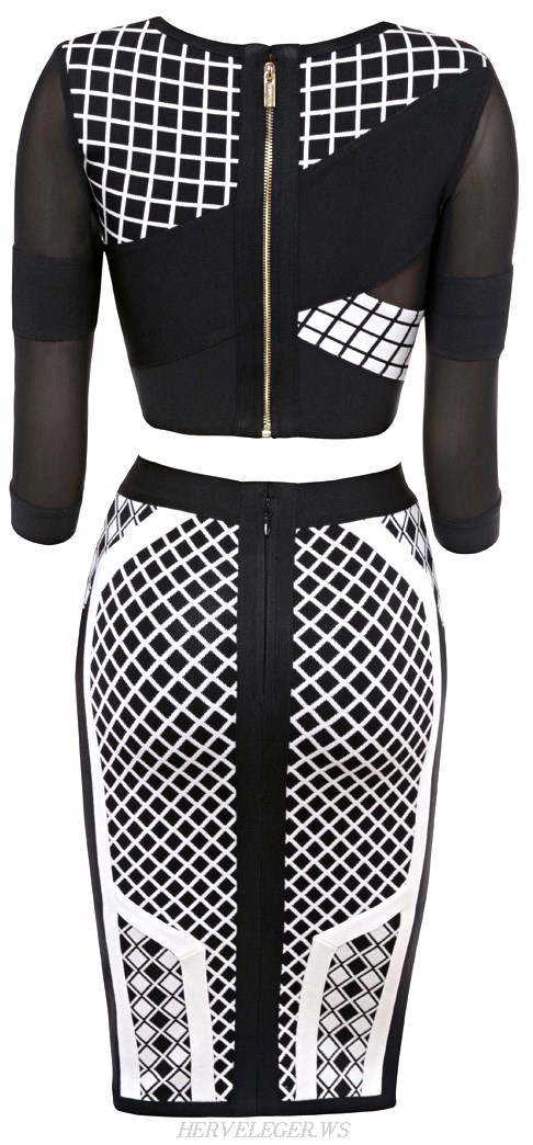 Herve Leger Monochrome Patterned Mesh Two Piece Bandage Dress