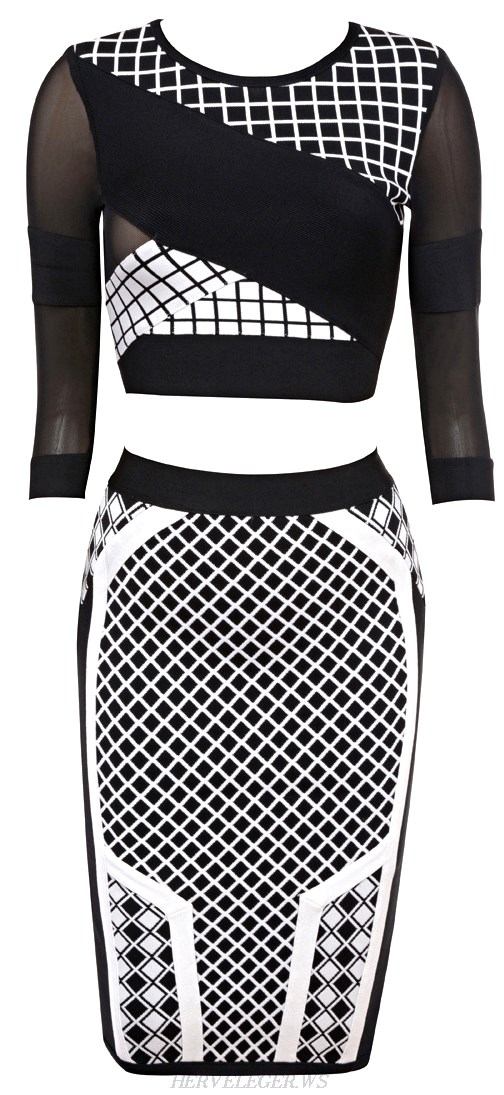 Herve Leger Monochrome Patterned Mesh Two Piece Bandage Dress