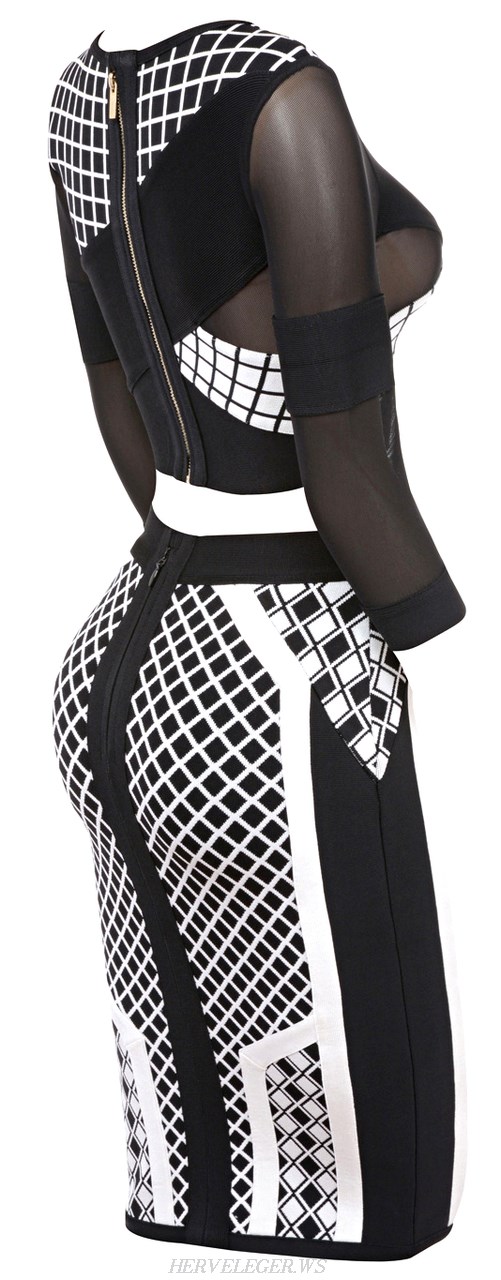 Herve Leger Monochrome Patterned Mesh Two Piece Bandage Dress