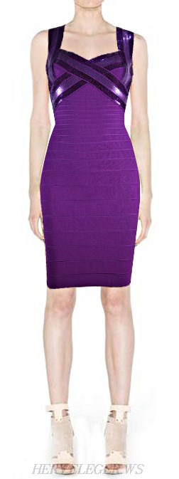 Herve Leger Purple Sequin Crisscross Bandage Dress