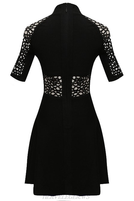 Herve Leger Black Short Sleeve Crochet A Line Dress