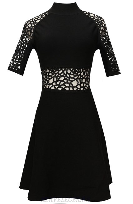 Herve Leger Black Short Sleeve Crochet A Line Dress