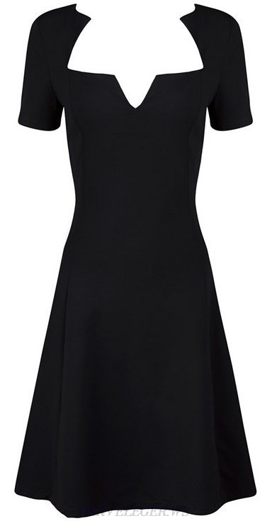 Herve Leger Black Short Sleeve Geometric Neck Skater Dress